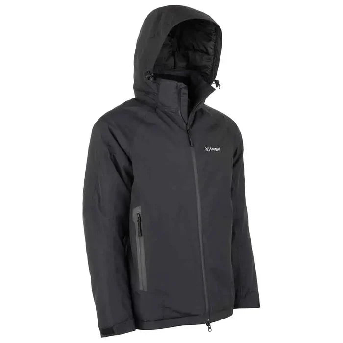 Snugpak Torrent Waterproof Black Jacket with hood, front zip, and chest logo, ideal for outdoor wear in harsh weather conditions.  from  John Bull Clothing