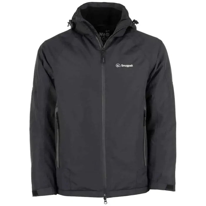 Front view of Snugpak Torrent Waterproof Black Jacket featuring full zip closure and dual zippered pockets for secure storage.  from  John Bull Clothing