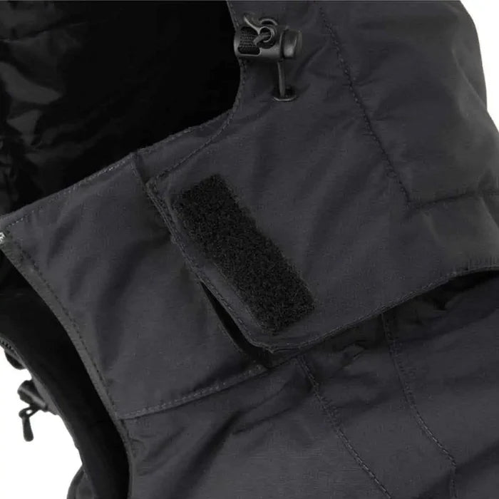 Close-up of Snugpak Torrent Jacket hood with adjustable drawcord and Velcro flap for added wind protection and fit customization.  from  John Bull Clothing