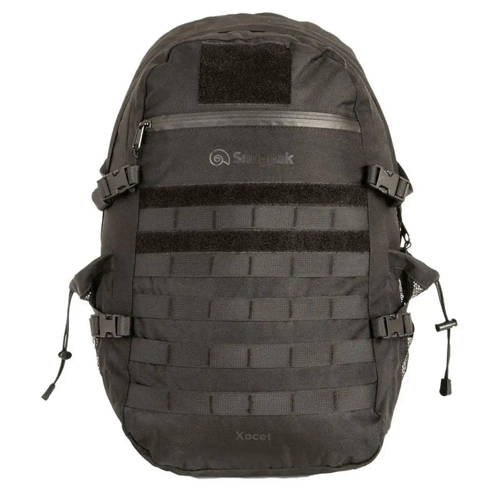 Snugpak Xocet 35L Rucksack in black with MOLLE webbing, front zippered pocket, and durable 600D nylon construction for outdoor and tactical use. Black from  John Bull Clothing