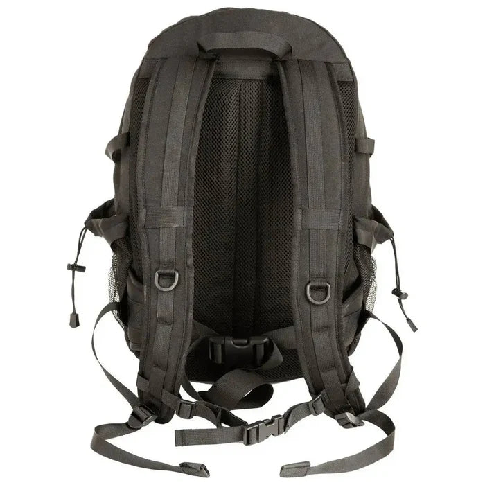 Back view of the Snugpak Xocet 35L Rucksack in black, highlighting padded shoulder straps, breathable mesh back panel, and adjustable sternum and waist straps.  from  John Bull Clothing