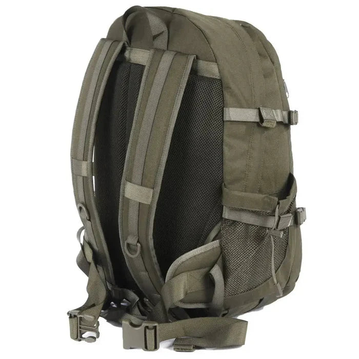 Rear angled view of the Snugpak Xocet 35L Rucksack in green, showing padded shoulder straps, breathable back panel, and durable construction for outdoor adventures.  from  John Bull Clothing
