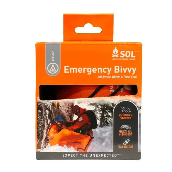 SOL Emergency Bivvy Bag Shelter with Whistle in retail packaging, ideal for survival kits and outdoor emergency preparedness.  from  John Bull Clothing