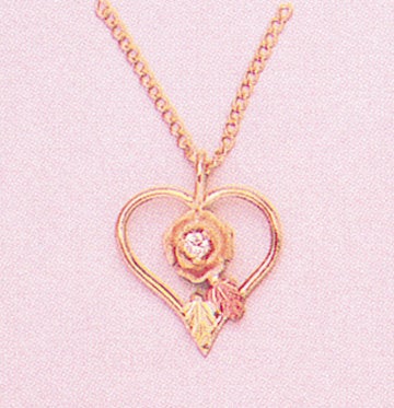 Solid 10kt Three Tone, Heart and Rose Pendant With Natural Diamond Accent, Red and Green Leaves, Includes 18" Chain, 641-851/644-851