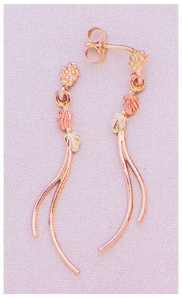 Solid 10kt Three Tone, Two Leaf Long Dangle Stud Earrings (1 Set), Red and Green Leaves, 642-453