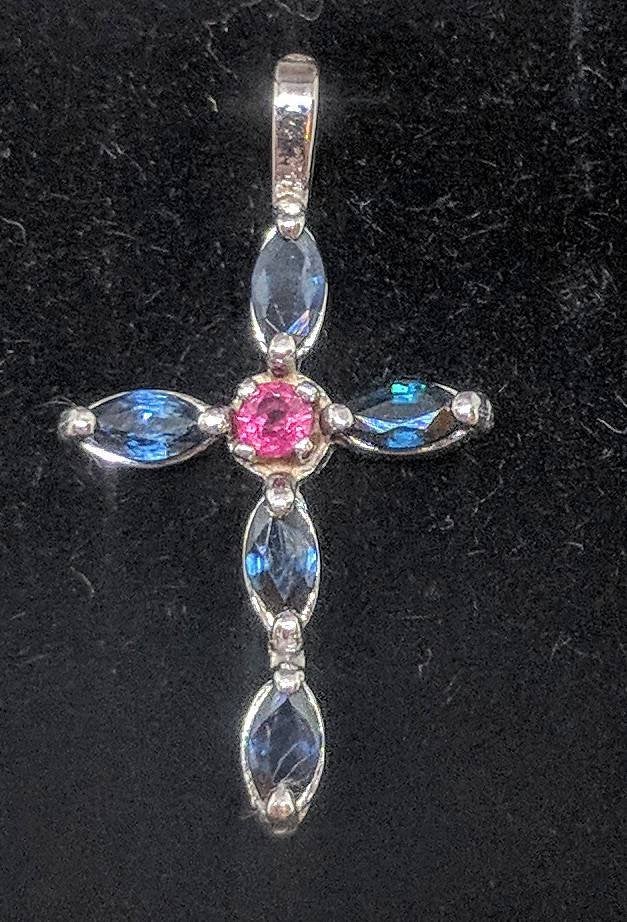 Solid Sterling Silver, Solid or Plated 14kt Gold Natural Blue Sapphire and Ruby Cross Cluster Pendant, Custom Made, Religious