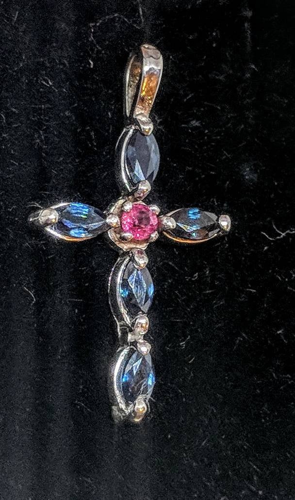 Solid Sterling Silver, Solid or Plated 14kt Gold Natural Blue Sapphire and Ruby Cross Cluster Pendant, Custom Made, Religious
