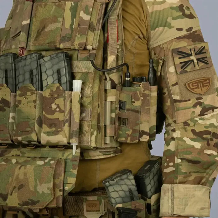 Spectre PinFit PRR Webbing Pouch MTP mounted on tactical vest, demonstrating seamless integration with multicam combat gear.  from  John Bull Clothing
