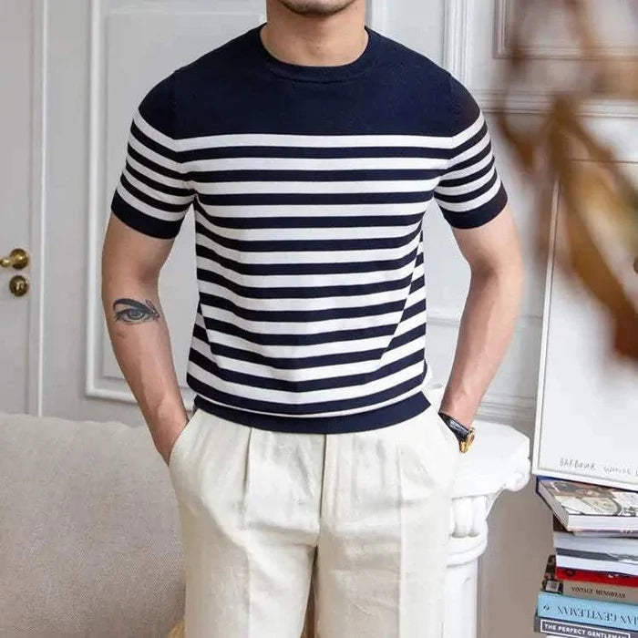 Spring knitted round neck t-shirt - AntoniosClothing - Navy blue