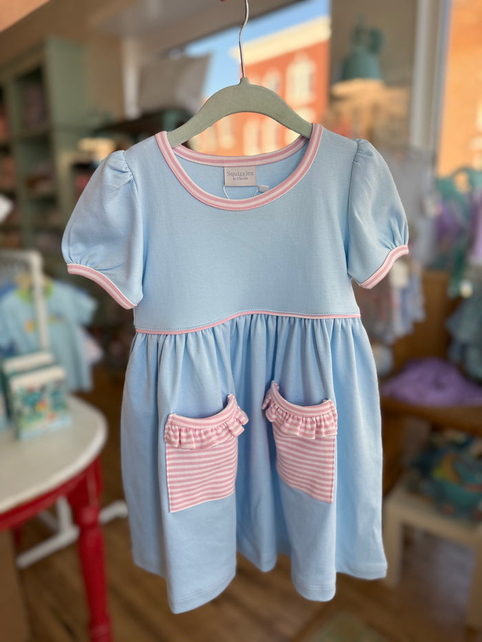 Squiggles - Pocket Dress - Blue Solid with Pink Striped Pocket