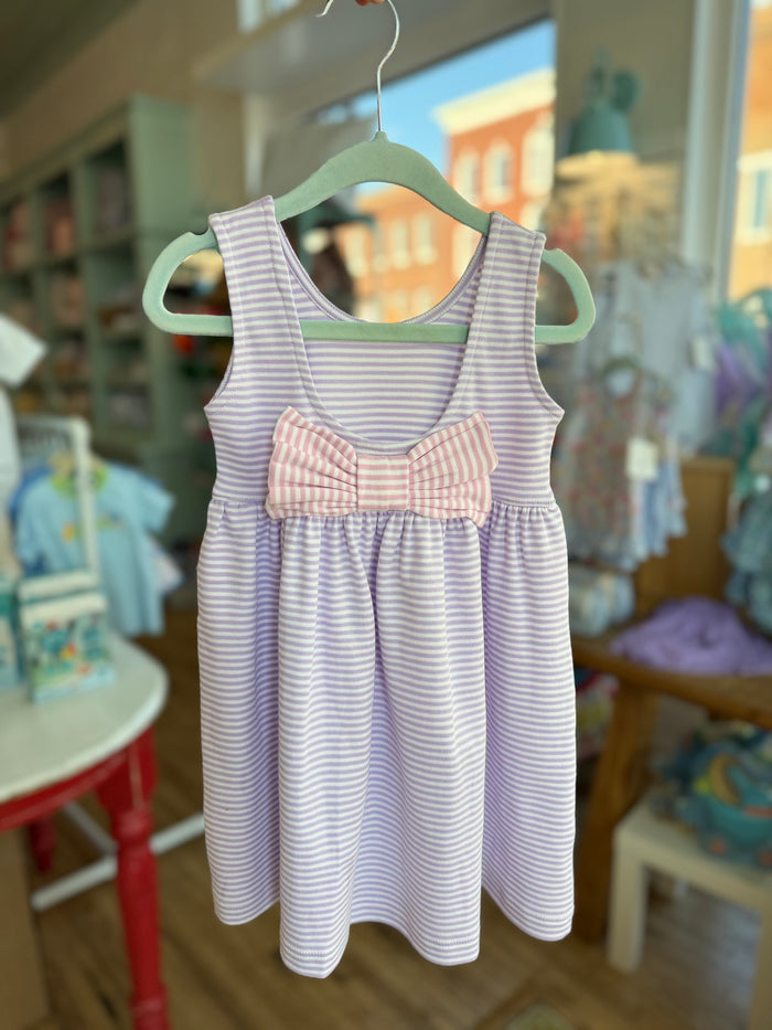 Squiggles - Sleeveless Bow Back Dress - Lavender Stripe