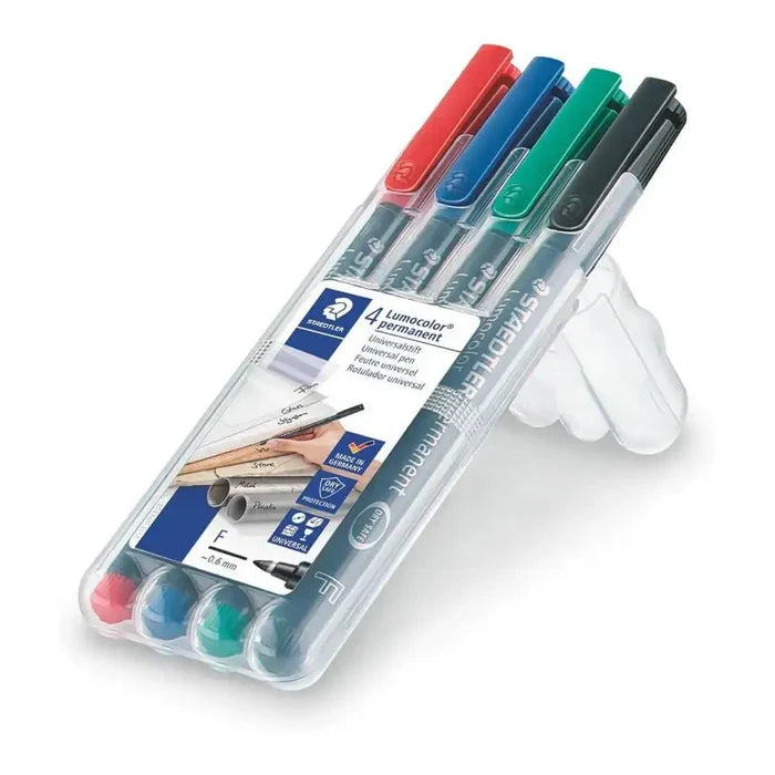 Staedtler Lumocolour Fine Permanent Pens 0.6mm tip in stand-up case, assorted colors for versatile writing | John Bulls  from  John Bull Clothing