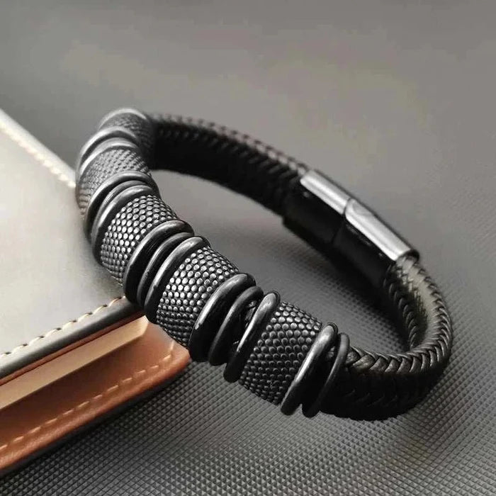 Stainless steel leather bracelet - AntoniosClothing - Black
