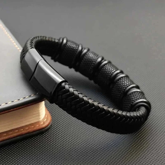 Stainless steel leather bracelet - AntoniosClothing - Black