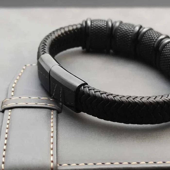 Stainless steel leather bracelet - AntoniosClothing - Black