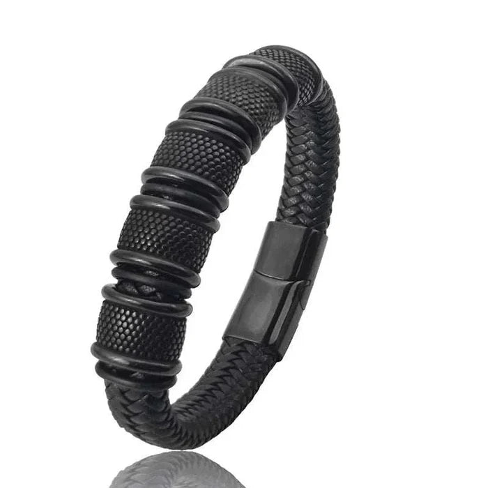 Stainless steel leather bracelet - AntoniosClothing - Black