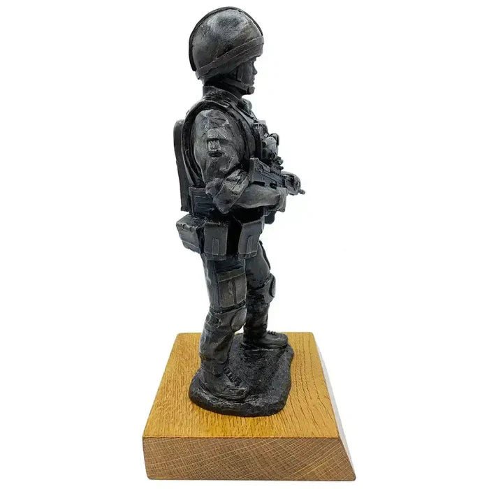 Right side view of British Standing Combat Patrol Bronze Statue with SA80 rifle and tactical gear, crafted in bronze resin on oak base.  from  John Bull Clothing