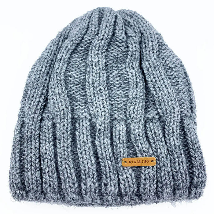 Light grey Starling Unisex Pullover Beanie Hat 12032 with ribbed wool texture and metal logo tag, warm winter headwear from John Bulls. Grey from  John Bull Clothing