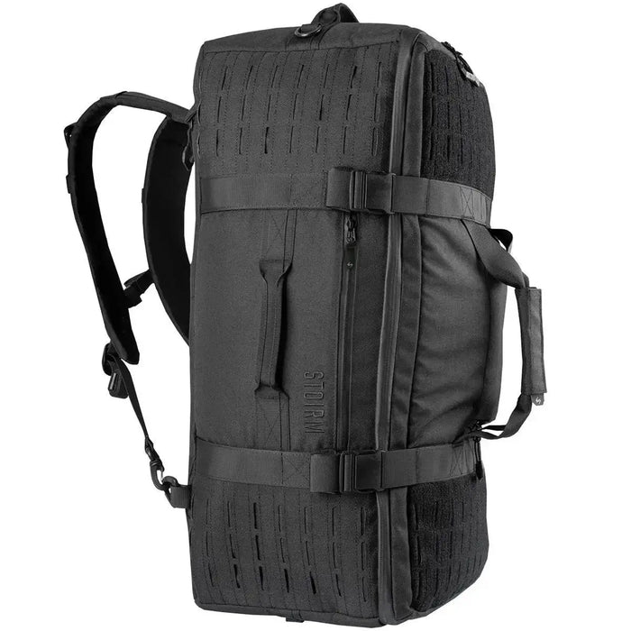 Stoirm 50L Black Duffel Bag with backpack straps, side handle, and MOLLE webbing for versatile carrying options.  from  John Bull Clothing