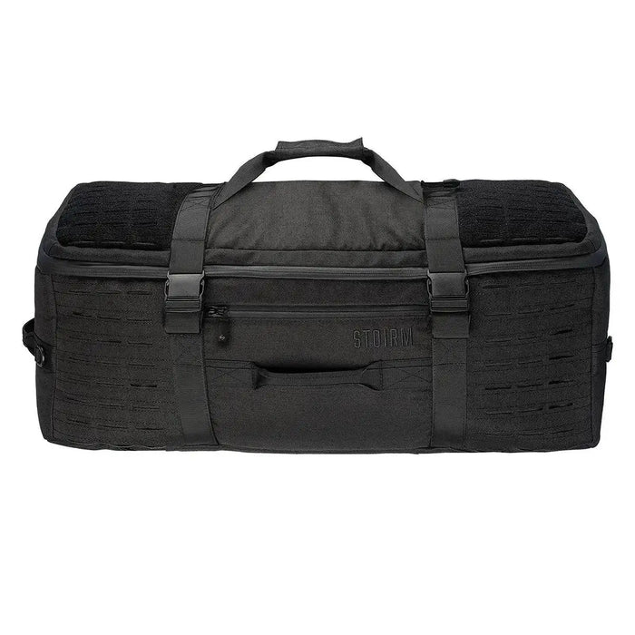 Stoirm 50L Black Duffel Bag laid flat with reinforced handles, compression straps, and front zippered pocket for secure storage.  from  John Bull Clothing