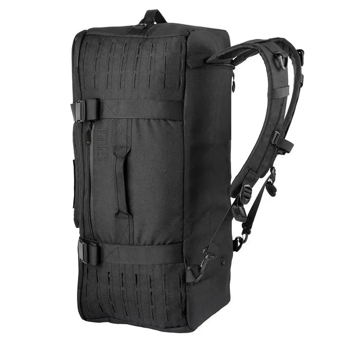 Stoirm 50L Black Duffel Bag in an upright position with padded backpack straps and MOLLE webbing for tactical use.  from  John Bull Clothing
