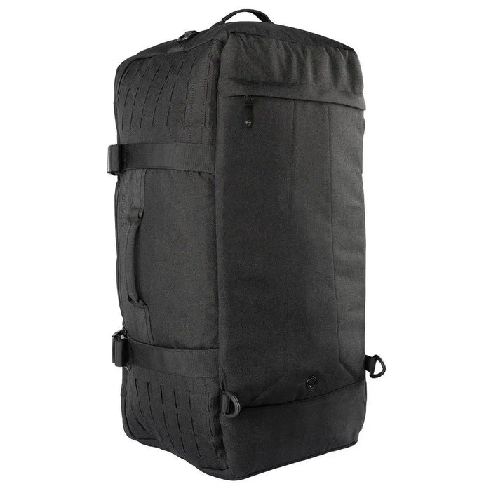 Stoirm 50L Black Duffel Bag standing upright, showing a durable back panel with reinforced stitching and multiple handles.  from  John Bull Clothing