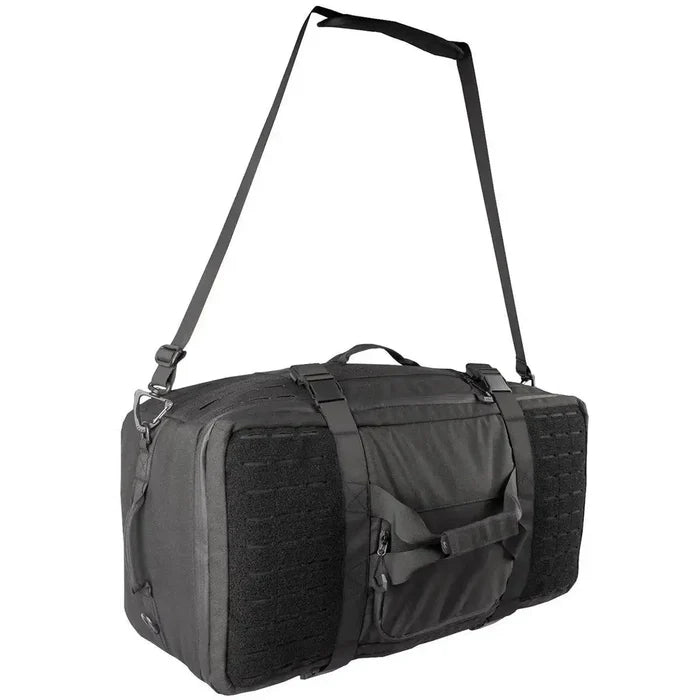 Stoirm 50L Black Duffel Bag with a detachable shoulder strap and MOLLE webbing, designed for rugged travel and tactical use.  from  John Bull Clothing