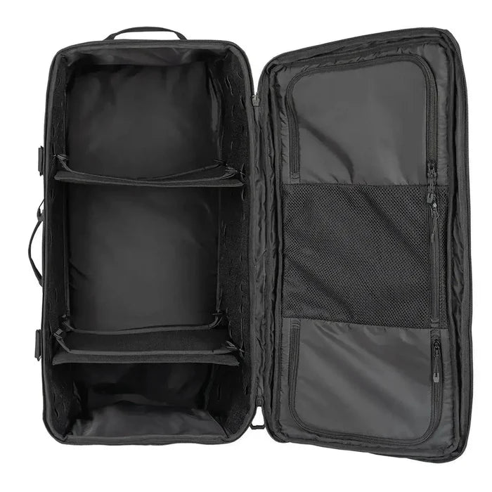 Stoirm 50L Black Duffel Bag open to reveal a spacious interior with removable dividers and mesh pockets for organized packing.  from  John Bull Clothing