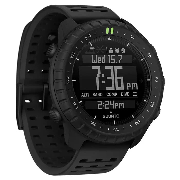 Black Suunto Core 2 outdoor tactical GPS watch with digital display, rubber strap, and multiple function icons, SKU: JB1636