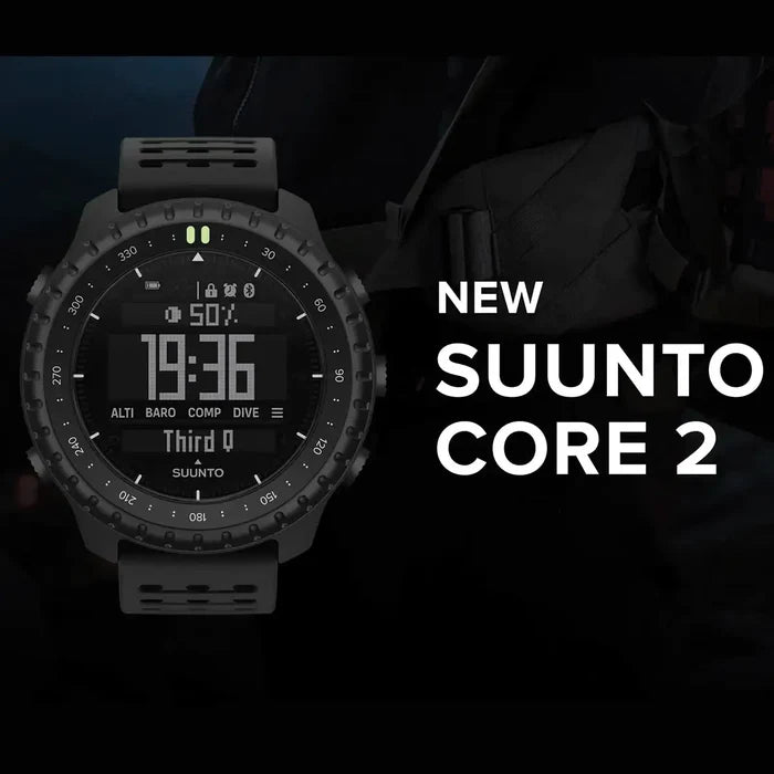 Black Suunto Core 2 tactical GPS watch with textured bezel and digital display, shown with strap, SKU: JB1636