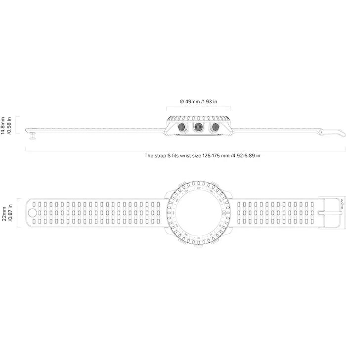 Technical drawing of Suunto Core 2 tactical watch with side and top views, showing dimensions, strap size, and design details