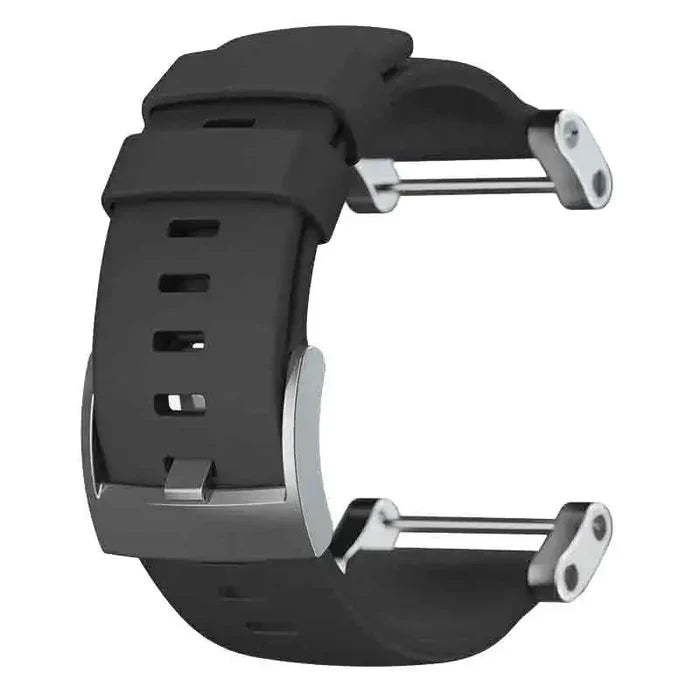 Suunto Core replacement silicone watch strap in black with stainless steel buckle, designed for durability and comfort in outdoor activities. Flat from  John Bull Clothing