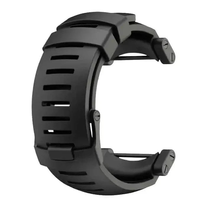 Black silicone Suunto Core watch strap with a rugged design, featuring ventilation slots and secure attachment points for outdoor sports watches. Round from  John Bull Clothing