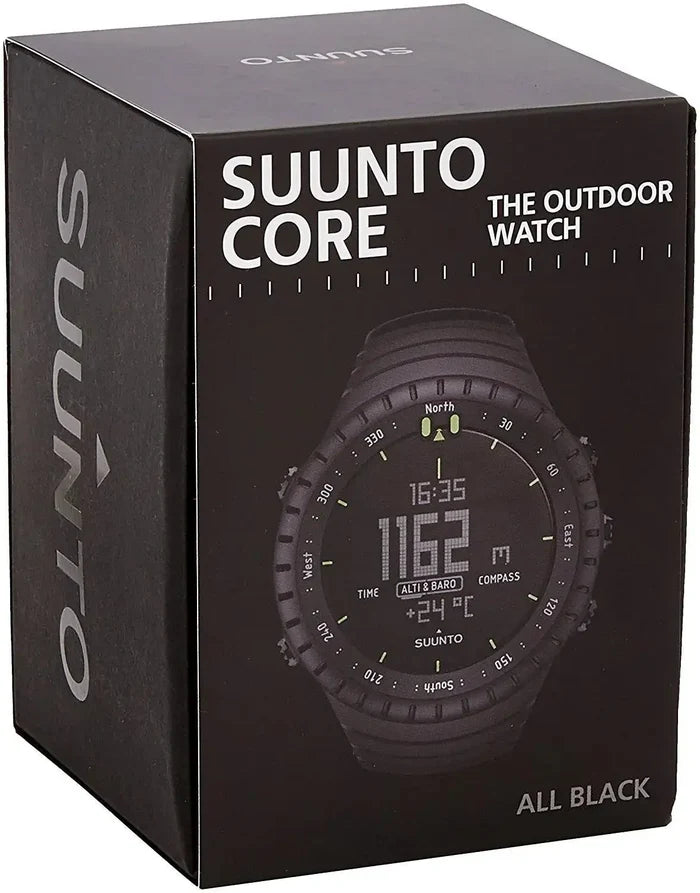 Suunto Core outdoor watch packaging in black, showcasing the watch's features including altimeter, barometer, and compass for adventure enthusiasts.  from  John Bull Clothing