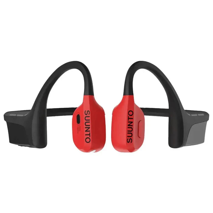 Suunto Wing Open Ear Bluetooth Headphones in black and red, featuring bone conduction technology for a secure and comfortable fit during workouts. Red from  John Bull Clothing