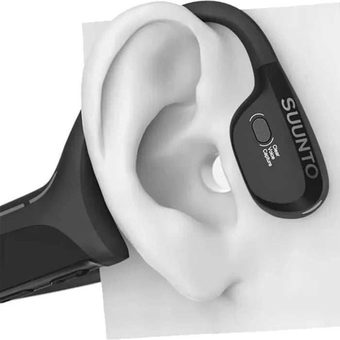 Suunto Wing Open Ear Bluetooth Headphones worn on an ear model, demonstrating the open-ear bone conduction design for situational awareness.  from  John Bull Clothing