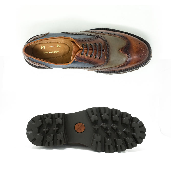 TEZAL zapato oxford brogue london azul vista superior puntera flor artesanal