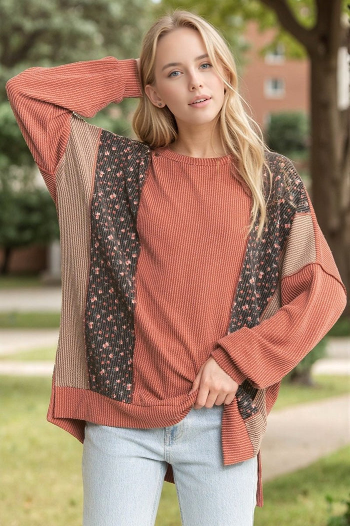 That Autumn Feeling Floral Contrast Ribbed Pullover Top