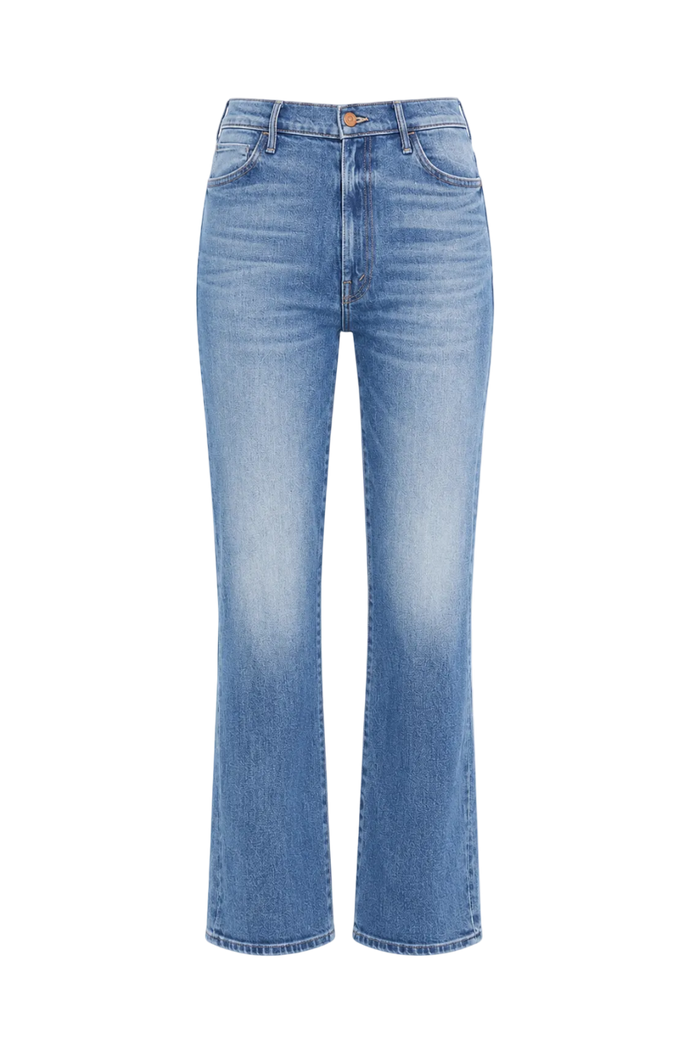Mother The Hustler Flood Jeans in All Your Eggs In One Basket mid blue wash