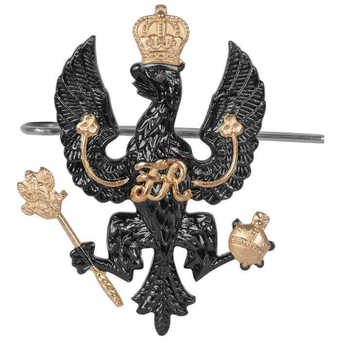 The Kings Royal Hussars Cap Badge (Shank & Pin) in black and brass finish, featuring a Prussian Eagle with crown, orb, and sceptre for military uniforms. Black from  John Bull Clothing