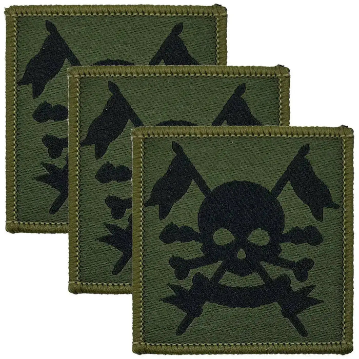 The Royal Lancers TRF iron on badge in green and black with skull and crossed lances design, ideal for military uniforms or tactical gear. 3 Pack from  John Bull Clothing