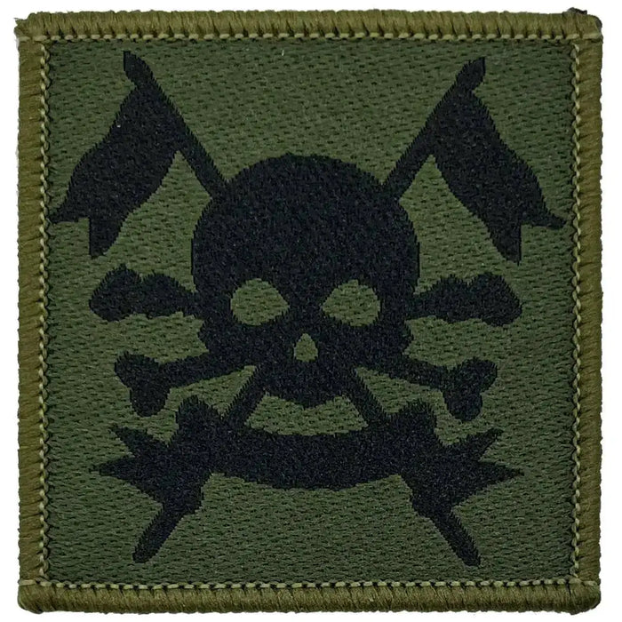 Single Royal Lancers TRF badge featuring skull and lances emblem, 5x5cm cotton patch for iron or sew-on application on military apparel. 1 Flash from  John Bull Clothing
