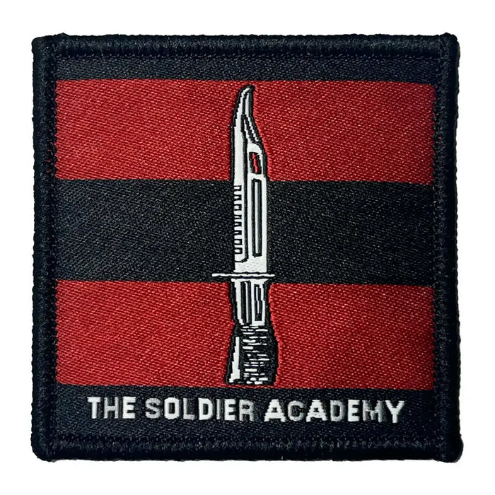 Single The Soldier Academy TRF patch with bayonet emblem on red and black stripes, regulation design for training team military uniforms. 1 Flash from  John Bull Clothing