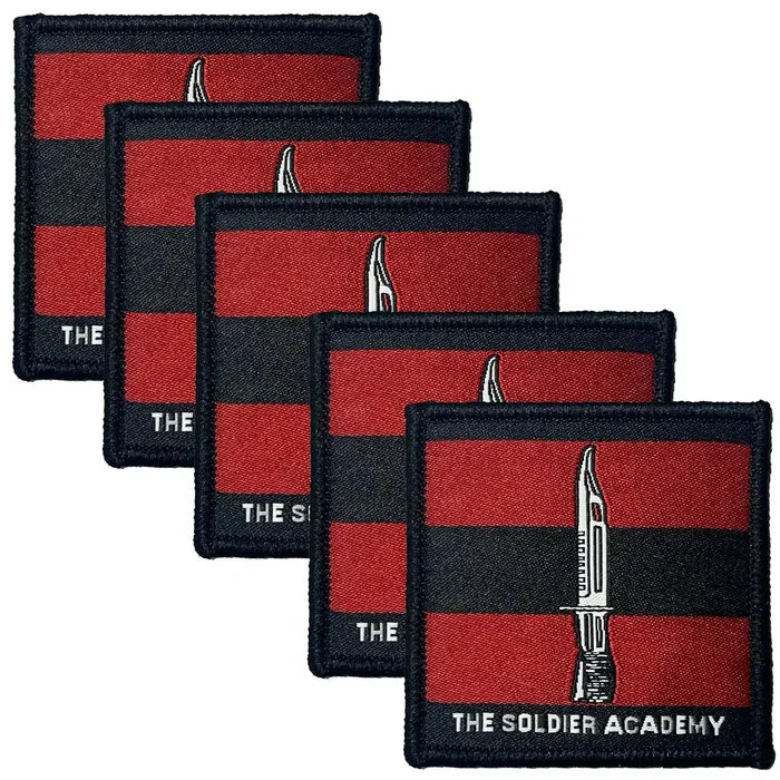 Set of four The Soldier Academy TRF sew or iron on patches with bayonet motif, perfect for military apparel and training team identification. 5 Pack from  John Bull Clothing