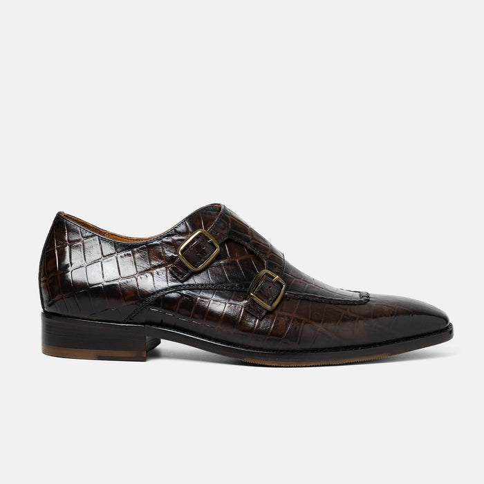 TOBALA monkstrap doble grabado cocodrilo vista frontal dos hebillas hecho México