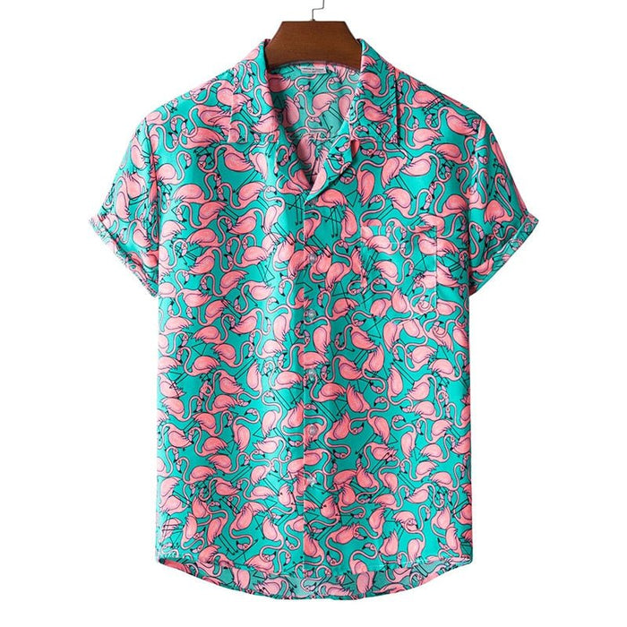 Turquoise-Pink Hawaiian Floral Print Short Sleeve Shirt - AntoniosClothing - Blue Ocean