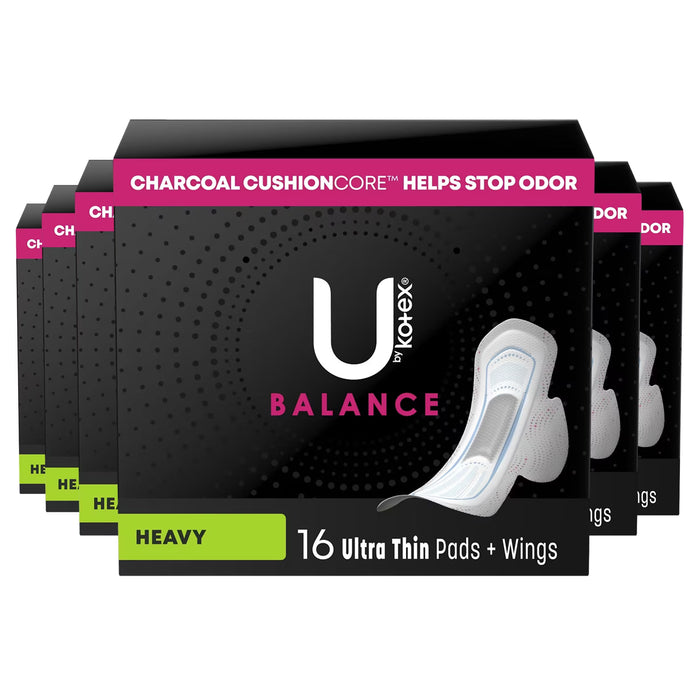 U by Kotex Balanced Ultra Thin Pads with Wings Heavy Absorbency, Size 2 - 16 Ct - 6 Pack