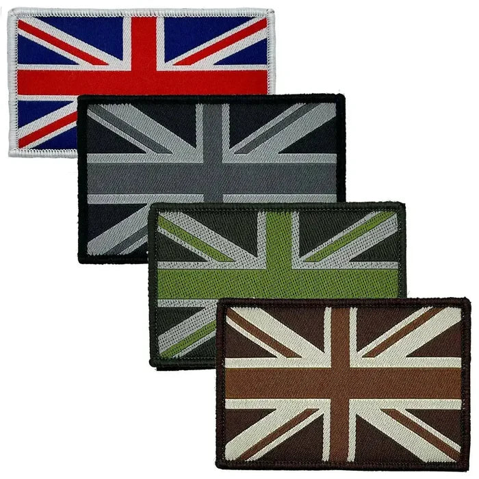 Set of four Union Jack patches with hook and loop backing in red, black, green, and brown, ideal for military uniforms and tactical gear.  from  John Bull Clothing