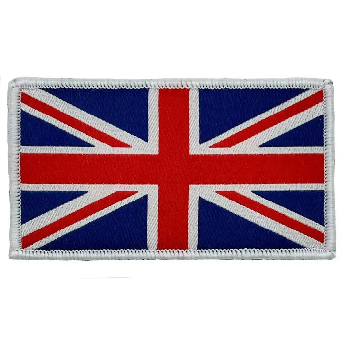 Classic red, white, and blue Union Jack patch with white border and hook and loop backing, suitable for uniforms and outdoor gear. Red White Blue from  John Bull Clothing