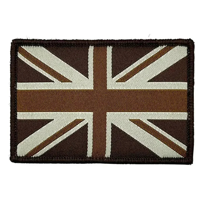 Brown Union Jack patch with beige accents and hook and loop backing, designed for tactical and military apparel by John Bulls. Coyote Tan from  John Bull Clothing
